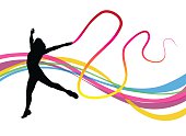 A vector silhouette illustration of a young woman moving, jumping, dancing, with a rainbow ribbon in front of a colourful wave pattern background.