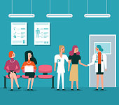Patients and doctor in hospital waiting room. Disabled people at doctors office. Healthcare vector concept stock illustration