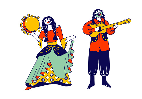 Gypsy Couple Dressed in Ethnic Wear Dancing and Playing Guitar and Tambourine. Gipsy Culture, Fair Holiday Entertainment and People Diversity Concept. Cartoon Flat Vector Illustration, Line Art