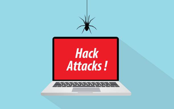 illustrazioni stock, clip art, cartoni animati e icone di tendenza di hack attacchi illustrazione concetto con laptop e simbolo segno ragno - barak