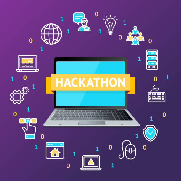 Hackathon Concept with Realistic Detailed 3d Laptop. Vector Hackathon Concept with Realistic Detailed 3d Laptop and Thin Line Icons Include of Keyboard and Lamp. Vector illustration hackathon stock illustrations