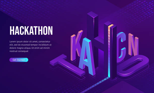 Hackathon isometric landing, software development Hackathon isometric landing page. 3d typography with binary code on purple neon colored background. Computer software development, coding, adaptive layout, work with data concept, vector web banner hackathon stock illustrations