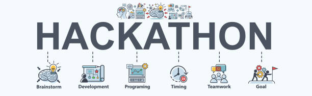 Hackathon technology banner concept with team working together on programming, web developers, designers, project managers, brainstorm and development. Minimal vector infographic. Hackathon technology banner concept with team working together on programming, web developers, designers, project managers, brainstorm and development. Minimal vector infographic. hackathon stock illustrations