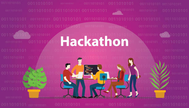 hackathon technology concept with team working together on programming - vector hackathon technology concept with team working together on programming - vector illustration hackathon stock illustrations