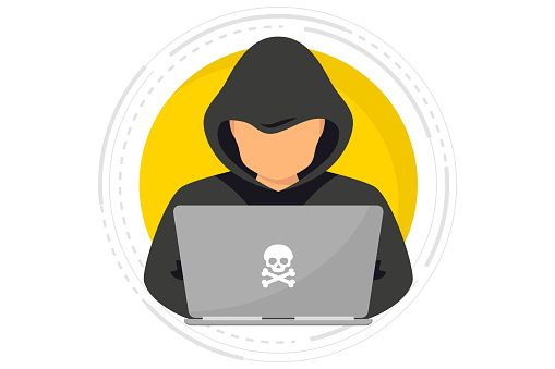 Hacker, Cyber criminal with laptop stealing user personal data. Hacker attack and web security. Internet phishing concept. Man in black hood with laptop trying to cyber attack