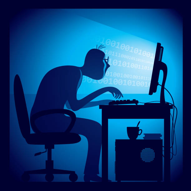 Hacker hard at work hunched over a keyboard A hacker in a dark room sitting in front of a computer screen. writing activity silhouettes stock illustrations