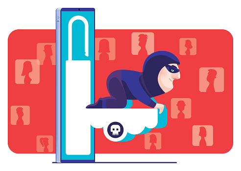 vector illustration of hacker holding cloud and searching via smartphone