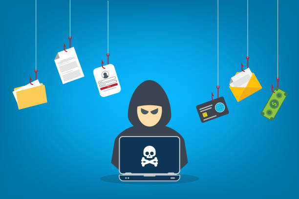 Hacker with laptop computer stealing confidential data, personal information and credit card detail. Hacking concept. Hacker with laptop computer stealing confidential data, personal information and credit card detail. Hacking concept. phishing stock illustrations