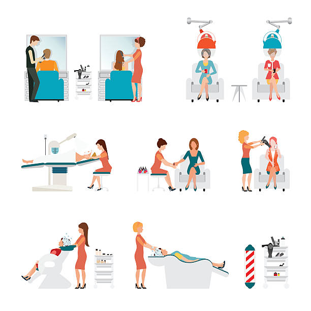 stockillustraties, clipart, cartoons en iconen met hair beauty salon with hairdresser and customer. - woman washing hair