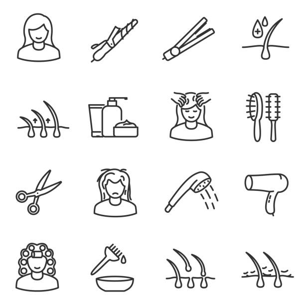 Hair care, icon set. Editable stroke Hair care, icon set. Linear design.line with editable stroke.Collection of icons hair stock illustrations