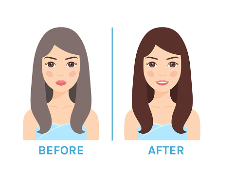 Hair coloring, Dye. Before After. Transformation. Beautiful Woman with Gray Hair. Isolated Happy Lady with Brown hair. Treatment and Beauty of Curls. Cartoon Style. White background. Vector image