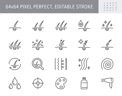 Hair cosmetic line icons. Vector illustration include icon - skincare, frizzy, repair, revitalizing, scalp, dandruff, follicle outline pictogram for trichology. 64x64 Pixel Perfect, Editable Stroke.