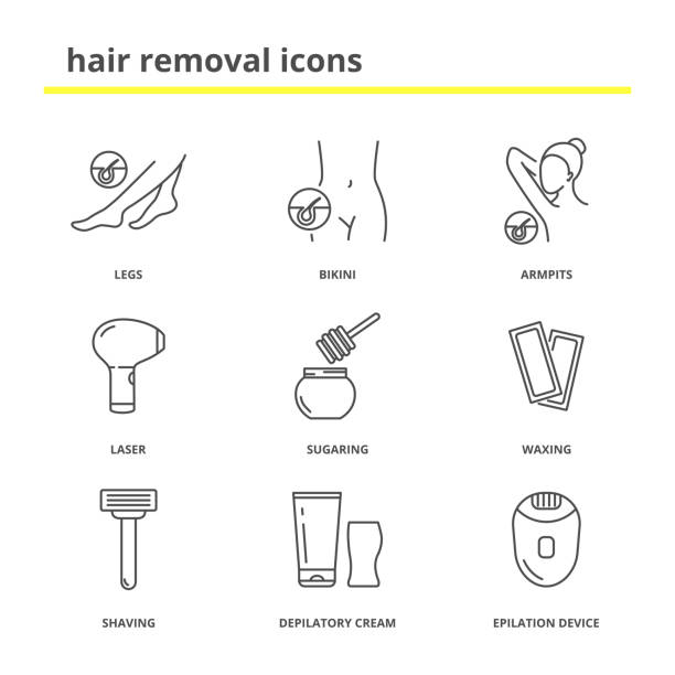 Hair removal icons: Legs, bikini, armpits, laser, sugaring, waxing,shaving, depilatory cream, epilation device  shaved armpits stock illustrations
