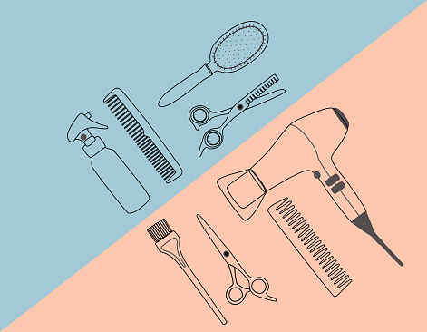 Hair salon accessories outline, hair dryer, comb, scissors. Vector illustration, template for design