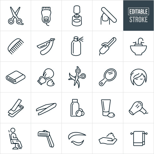 Hair Salon Line Icons - Editable Stroke A set of hair salon icons that include editable strokes or outlines using the EPS vector file. The icons include scissors, hairs salon, comb, razor, manicure, shaving cream, mirror, hair cut and other related icons. hair stock illustrations