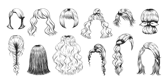 Hair sketch. Woman hairstyle pencil drawing. Female long or short haircut or y wig. Girls beauty. Different coiffure stylish models with braid, bun and ponytail. Vector glamour hairdo set