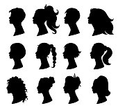 Hair style woman. Beautiful girls with variety of fashionable hairstyles. Design element for beauty salon and hairdresser. Skin and hair care. Isolated black silhouette.  Vector illustration