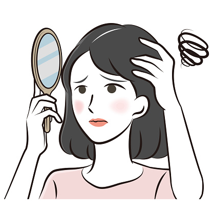Hair worries A woman suffering from thinning hair illustration