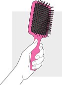 Vector line art of a hand holding a pink hairbrush.
