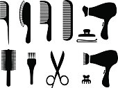 Hairdressers professional tools. Barber stylist tools set. Black and white icons for hairdressing saloon. 
