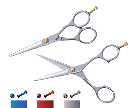Hairdresser scissors. Professional hair dresser scissors with gold red silver blue elements. Naturalistic 3D scissors isolated on white background.