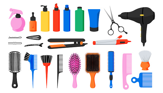 Hairdresser tools. Beauty salon and barber shop equipment. Combs and hairbrushes. Hair dryer or straightener. Bottles with cosmetics. Vector professional hairstyling accessories set