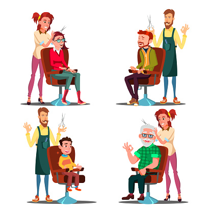 Hairdresser With Client Set Vector. Boy, Teen, Woman, Old Man. Professional Fashion Stilist. Service. Isolated Flat Cartoon Illustration