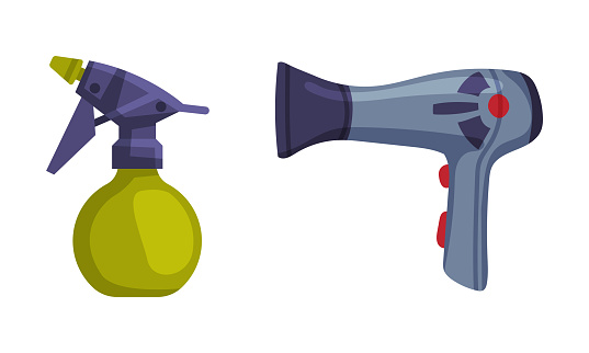 Hairdryer and spray bottle. Professional hairdresser tools and barber supplies set. cartoon vector illustration