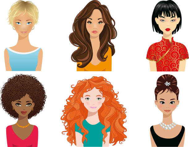 hairstyle and haircut Beautiful young woman portrait modern fashion long hair, short hair, curly hair salon hairstyles and trendy haircut vector icon set isolated on white background. Great for avatars, fashion and beauty short hair stock illustrations