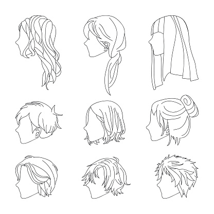 Hairstyle Side View Man And Woman Hair Drawing Set Stock