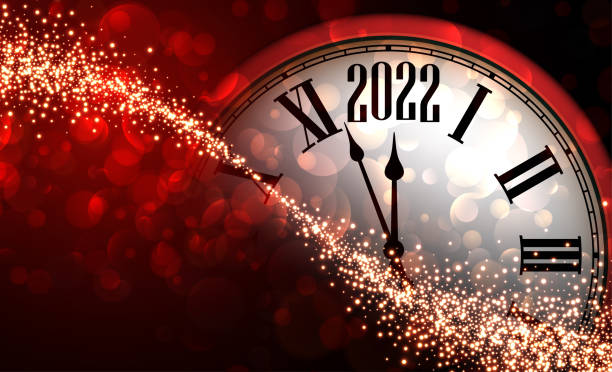 Half hidden red new year clock showing 2022. Half hidden red new year clock showing 2022. Starry path blurred background. Vector illustration. happy new year stock illustrations