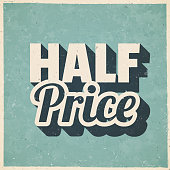 Icon of "Half Price" in a trendy vintage style. Beautiful retro illustration with old textured paper and a black long shadow (colors used: blue, green, beige and black). Vector Illustration (EPS10, well layered and grouped). Easy to edit, manipulate, resize or colorize. Vector and Jpeg file of different sizes.