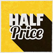 Icon of "Half Price" in a trendy vintage style. Beautiful retro illustration with old textured yellow paper and a black long shadow (colors used: yellow, white and black). Vector Illustration (EPS10, well layered and grouped). Easy to edit, manipulate, resize or colorize. Vector and Jpeg file of different sizes.
