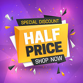 Half price sale banner. Hot super offer, 50 off discount. Big savings vector promotion flye. Illustration of half price sale offer market