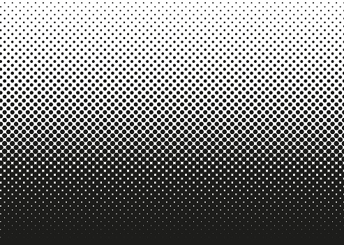 Halftone dotted pattern. Pop art gradient background with circles. Comic half tone texture. Abstract cover design. Monochrome vector illustration. Optical effect with spot. Creative black white banner