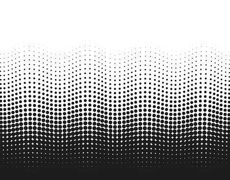 Halftone wavy dotted pattern. Pop art gradient background with circles. Comic half tone texture. Abstract wave design. Optical spotted effect. Black white banner. Monochrome vector illustration