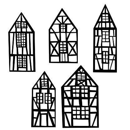 Hand drawn half-timbered houses. Vector sketch  illustration.