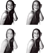 Halftone pattern illustration of a happy, confident young woman.