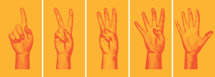 AI8, EPS, High-Resolution JPG, and layered PSD (version 5.5) included. Halftone hands forming the numbers one through five, with a silkscreen/pop-art/grunge sort of feel. Background on a separate layer for easy removal. Great for Flash animation countdowns.