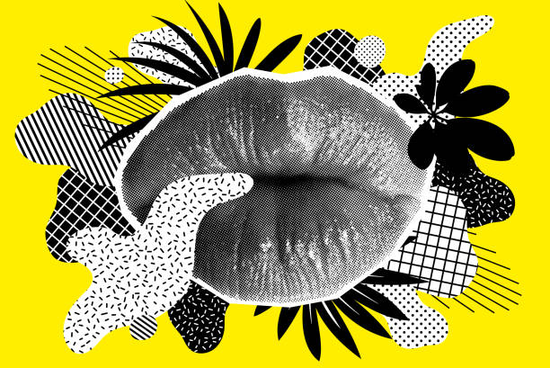 illustrazioni stock, clip art, cartoni animati e icone di tendenza di halftone donna labbra su sfondo luminoso con forme - kiss