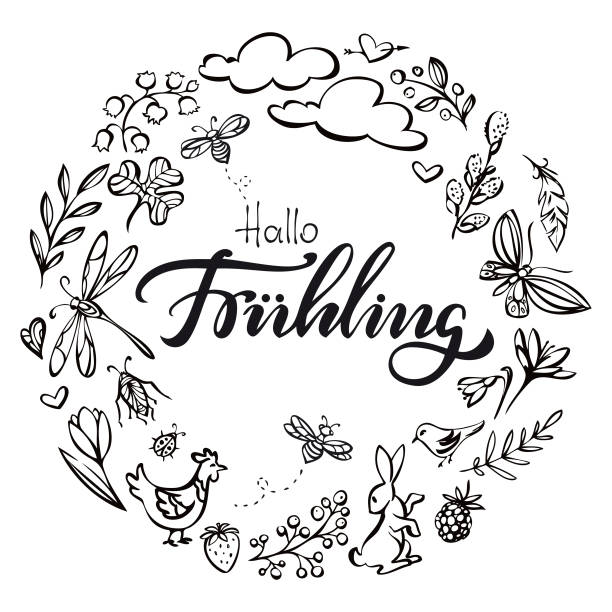 Hallo Fruehling (Hello spring in german language) wreath illustration vector art illustration