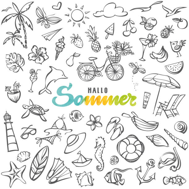 Hallo Sommer – Hello summer in german language Vector hand drawn Hallo Sommer inscription and vectorized summer line art icons cocktail patterns stock illustrations