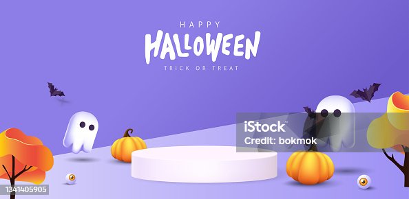 istock Halloween background design with product display cylindrical shape and Festive Elements 1341405905