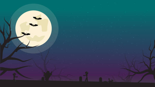 Halloween Background with Bats, Zombies and Full Moon. Flyer or Invitation Template for Halloween Party with Empty Space for your Text. illustration. vector art illustration