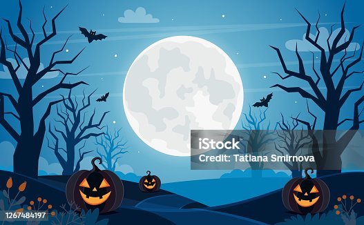 istock Halloween background with full moon, pumpkins and trees 1267484197