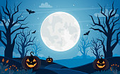 Halloween Hintergrund mit Vollmond, Kürbissen und Bäumen