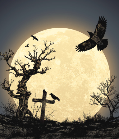 Spooky midnight scene with full moon. All elements are separate.Only gradient used. File is layered, global colors used and hi res jpeg included.Additional AI10 file included with uncropped trees. Please take a look at other works of mine linked below.
