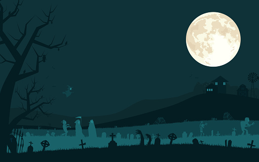 Halloween background with vampire, grim reaper, zombies and witch in graveyard and the full moon. Vector illustration.