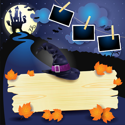 Halloween background with wooden sign, witch's hat and photo frames
