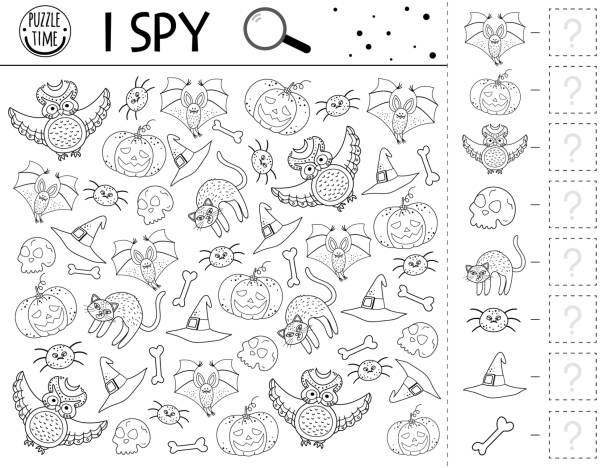 Halloween black and white I spy game for kids. Searching and counting activity for preschool children or coloring page. Funny autumn printable worksheet for kids. Simple spotting puzzle. Halloween black and white I spy game for kids. Searching and counting activity for preschool children or coloring page. Funny autumn printable worksheet for kids. Simple spotting puzzle. cute cat coloring pages stock illustrations
